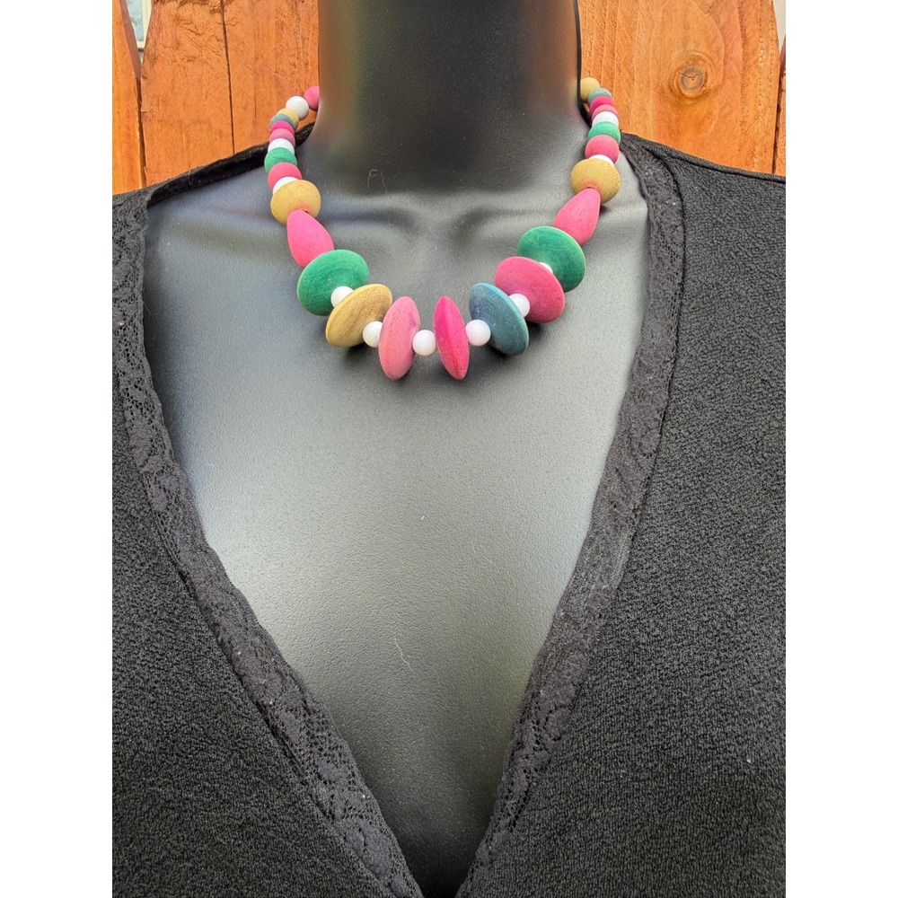 Vintage Multicolor Painted Wood Bead Necklace Chunky Clowncore Eclectic Jewelry